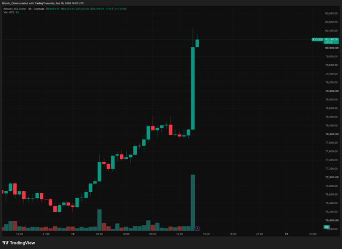 A TradingView chart of Bitcoin (BTCUSD) showing a sharp price spike on a 30-minute timeframe dated Sep 19, 2024.