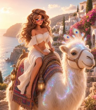 A digital 3D illustration of a stylized woman with long brown hair wearing a white dress, sitting on a white camel decorated with ornate colorful saddle blankets, set against a Mediterranean coastal backdrop.