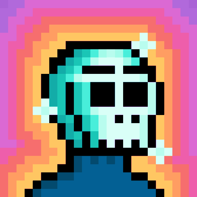 A pixel-art illustration depicts a character with cyan hair, dark rectangular sunglasses, and a blue shirt against a vibrant pink, orange, and yellow gradient background.