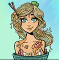 A cartoon-style character with blonde hair, a butterfly on their cheek, and pencils behind their ear smiles while leaning on a green box.