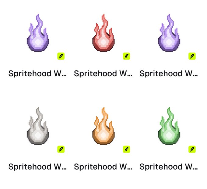 The image displays six different colored wisps (purple, red, purple, gray, orange, and green), each labeled "Spritehood W..." with a small leaf icon. These pixel-art flames likely represent the six factions or classes referenced in the post, visually supporting the theory of dividing the 44,444 Spritehood wisps across the community.