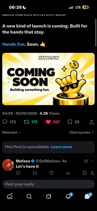 A mobile screenshot of a social media post from 'Hands.fun' features the same 'COMING SOON' graphic with a yellow hand, posted on 18/09/2026.