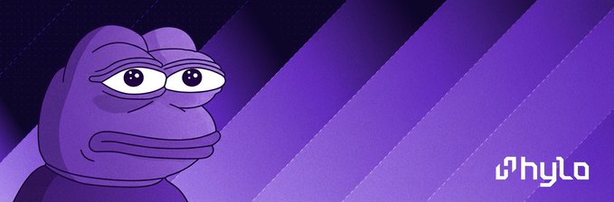 A purple Pepe the Frog illustration with a content expression set against a striped purple background, branded with the 'Phylo' logo in the bottom right corner.