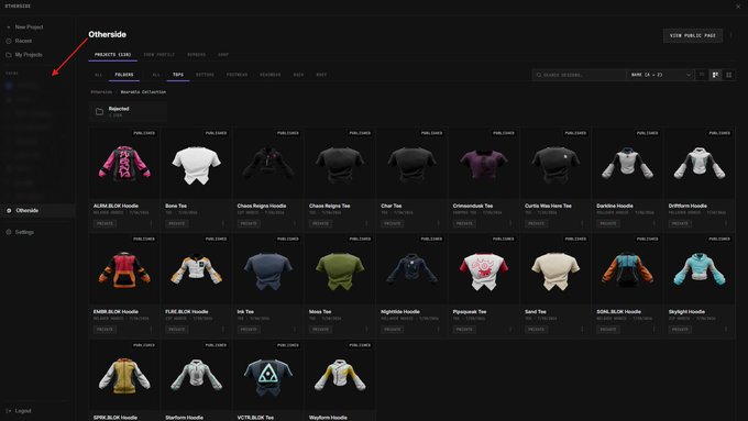 The 'Otherside' metaverse dashboard showing 'My Projects' tab with a grid of collectible clothing items including BAYC hoodies and various branded t-shirts like Chrome Tigers and Moonbirds.