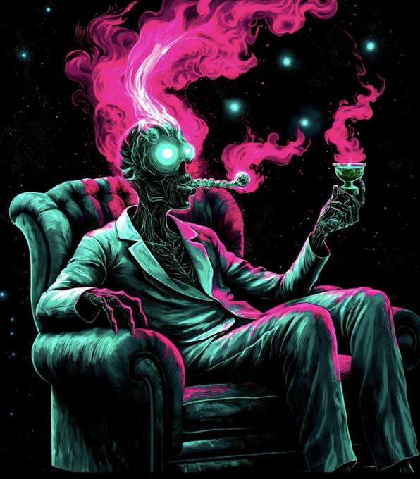 A stylized illustration of a zombie-like figure with glowing green eyes sitting in a teal tufted armchair, exhaling pink smoke from a pipe while holding a matching glass in a starry cosmic setting.