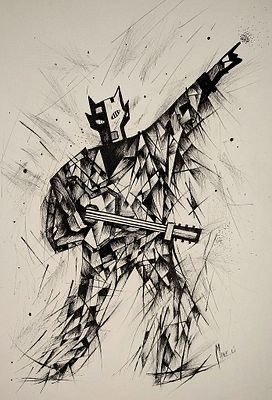 A black and white ink-style illustration of a stylized figure wearing a crown mask and playing an electric guitar, signed "Mr.M" in the lower right corner. The artwork captures the edgy, energetic "Mr. Manslide" aesthetic referenced in the post, with its jagged geometric patterns and dynamic splatter effects evoking a rock musician's performance.