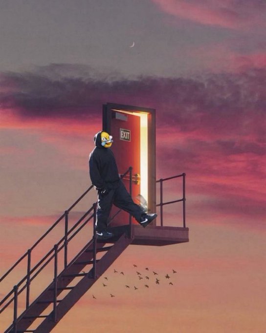 A digital artwork showing a figure wearing a mask standing on a staircase leading to an open door labeled 'EXIT', set against a pink and purple sunset sky with a crescent moon and flying birds.