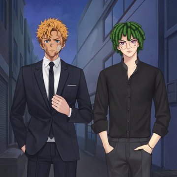 An anime-style illustration of two young men standing on a street at night, one with spiky blond hair wearing a black suit and tie, and the other with curly green hair wearing glasses and a black button-up shirt.