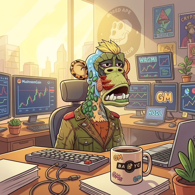 A cartoon illustration of a tired-looking Bored Ape-style character sitting at a multi-monitor crypto trading setup, with screens showing 'MushroomCoin', 'WAGMI', 'GM', and 'HODL', and a coffee mug reading 'GM BABYC'.