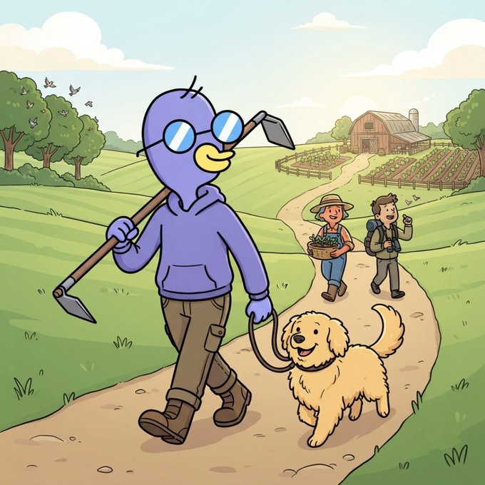 A cartoon illustration of a purple bird-like character in a hoodie walking a fluffy dog on a leash, while two children walk ahead carrying a basket of vegetables toward a farm.