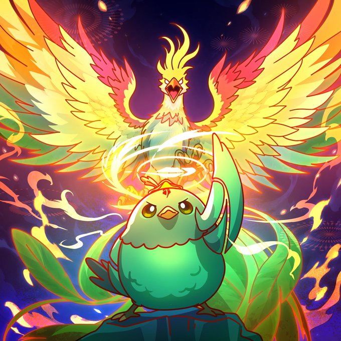 A vibrant digital illustration of a green bird with a haloed phoenix rising behind it, surrounded by swirling flames and leaves against a dark background.