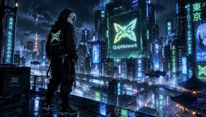 A cyberpunk-style digital art piece showing a hooded figure looking out over a futuristic neon cityscape with "QuipNetwork" billboards and Japanese text.