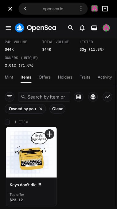 A mobile view of OpenSea (opensea.io) showing stats including '24H VOLUME $44K', 'TOTAL VOLUME $44K', and 'LISTED 333 (11.8%)', with one NFT item titled 'Keys don't die !!!' listed at $23.12.