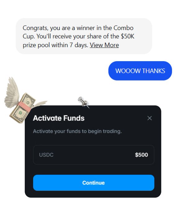 A screenshot of a scam text message claims the recipient won a share of a $50K prize pool in the Combo Cup, asking them to activate funds of $500 USDC to begin trading.