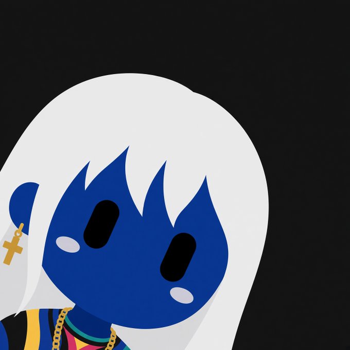 A stylized cartoon avatar with blue skin, white hair, and a small gold cross earring against a black background, complementing the cheerful "gm." (good morning) greeting in a playful, crypto-community style.