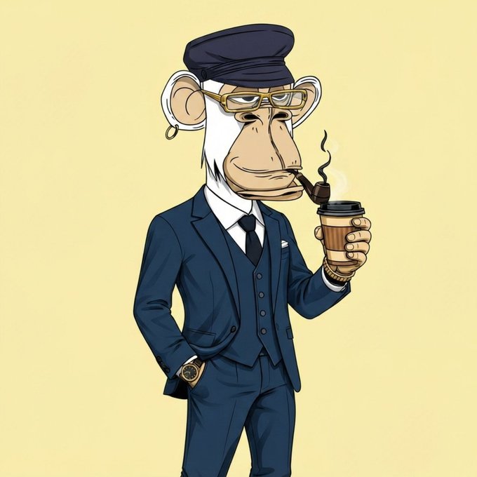 A cartoon illustration of an anthropomorphic monkey dressed in a sharp navy blue suit, wearing a cap and glasses, and smoking a pipe while holding a coffee cup.