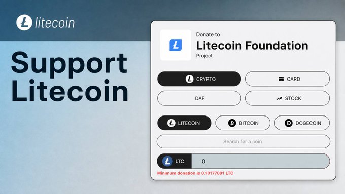 A donation webpage for the Litecoin Foundation with the heading 'Support Litecoin,' showing options to donate via CRYPTO, CARD, DAF, or STOCK, with Litecoin, Bitcoin, and Dogecoin listed as accepted cryptocurrencies.
