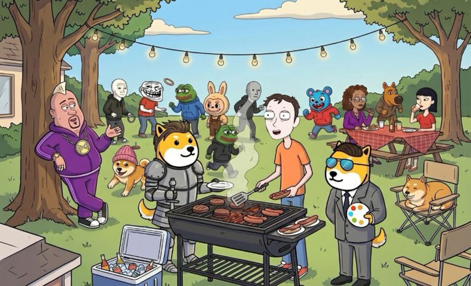 A cartoon scene depicting a chaotic backyard barbecue featuring various pop culture and meme characters, including Shiba Inus, Jeffy, and Rick Astley, grilling burgers under string lights.