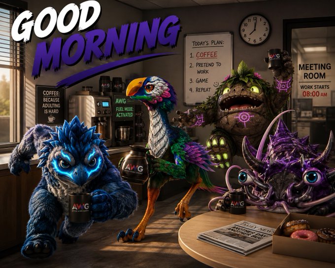 A 'GOOD MORNING' illustration features a yeti, a colorful dodo bird, a plant monster, and a purple tentacled creature in an office setting with coffee and donuts.