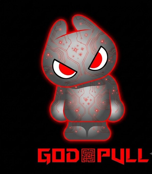 We need to write a concise 1-2 sentence caption describing the image, include key text, numbers, tickers, names. The image shows a stylized robot-like figure with red glowing outline, circuit board pattern, red eyes, and text "GOD PULL" with a logo. So caption: "A glowing red‑outlined, circuit‑board patterned robot with red eyes stands against a black background, with the bold red text 'GOD PULL' below." Need to tie to post: mentions @TheGodPull, mint date July 27. But caption only describes image, not post content. However include any visible text: "GOD PULL". Also maybe mention the logo. So 1-2 sentences.

Let's craft: "The image features a stylized, gray robot with a red circuit‑board pattern and glowing red eyes, outlined in neon red, with the bold red text 'GOD PULL' and a small square logo beneath it