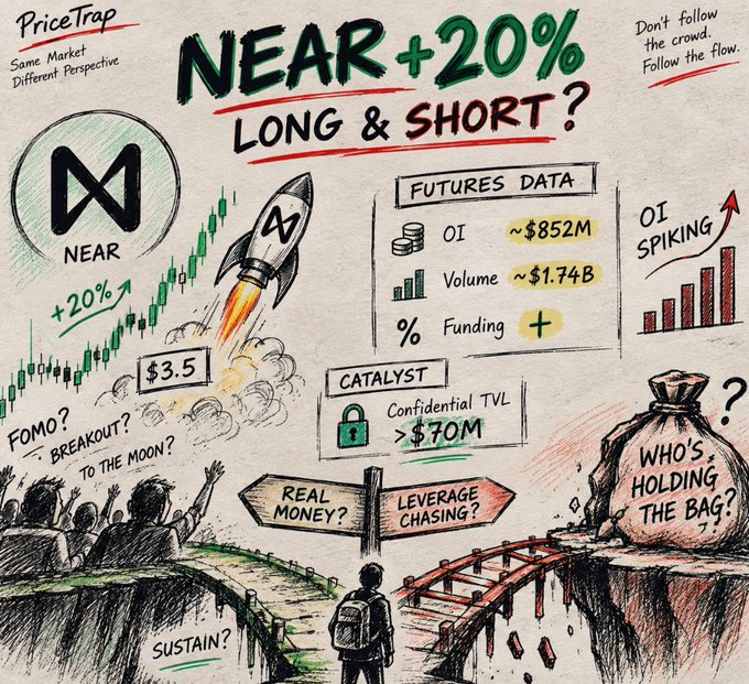 A hand-drawn financial infographic titled 'NEAR +20% LONG & SHORT?' by PriceTrap, featuring the NEAR Protocol logo, a price chart showing a +20% move to $3.5, futures data (OI ~$852M, Volume ~$1.74B, Funding +), a catalyst note for 'Confidential TVL >$70M', and an illustration of a person at a crossroads deciding between 'REAL MONEY' and 'LEVERAGE CHASING' amid FOMO commentary.