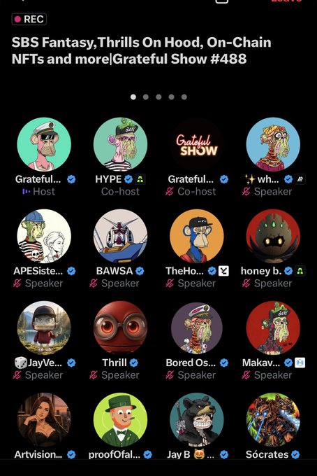 The image shows a screenshot of an X (Twitter) Spaces recording titled "SBS Fantasy, Thrills On Hood, On-Chain NFTs and more! Grateful Show #488," featuring 16 speakers and hosts with PFP avatars including BAYC members such as Grateful Ape (Host), HYPE, Apesiste, BAWSA, TheHonest, honey badger, JayVee, Jay B, and others. The post celebrates Jay B's first time speaking on a Grateful Show space as part of the Bored Ape Yacht Club community, aligning with the visible lineup of prominent BAYC members on the call.