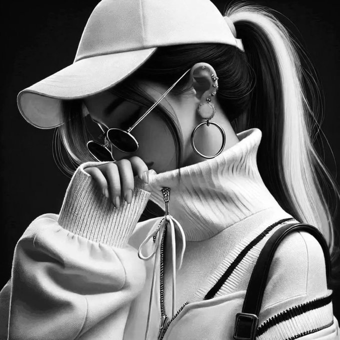 A black-and-white close-up of a stylish woman wearing a baseball cap, round sunglasses, and large hoop earrings, with her hand covering part of her face. The elegant, moody portrait complements the evening greeting, evoking a sophisticated and tranquil night ahead.