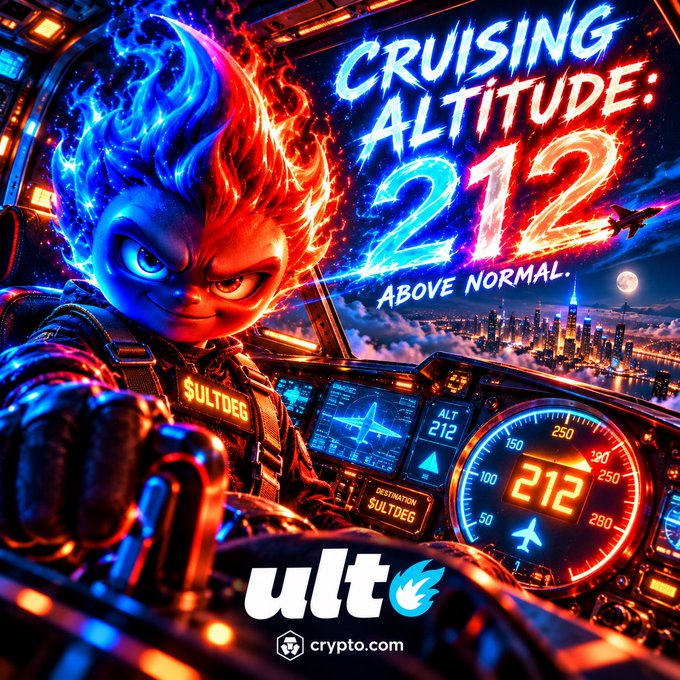 A vibrant, stylized digital artwork shows a fiery-haired character in a cockpit with the text 'CRUISING ALTITUDE: 212 ABOVE NORMAL,' branded with 'ult' and 'crypto.com' logos.