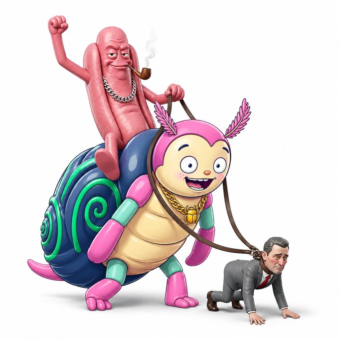 A whimsical 3D illustration showing a man in a suit being led on a leash by a colorful cartoon creature with a pink figure riding on top.