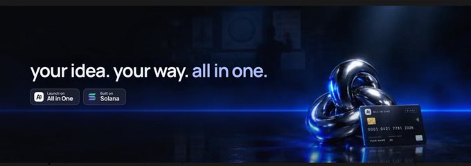 A sleek dark promotional banner with the text 'your idea. your way. all in one,' featuring download badges for 'Available on All in One' and 'Built on Solana', alongside a metallic 3D knot sculpture.