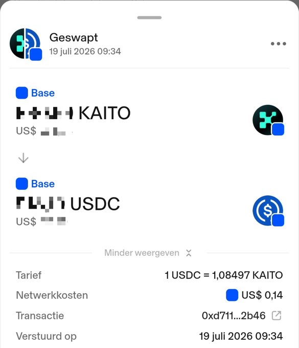 A mobile app screenshot from 'Geswapt' dated 19 juli 2026 shows a Base swap converting USDC to KAITO at a rate of 1 USDC = 1.08497 KAITO, with a network fee of US$0.14.