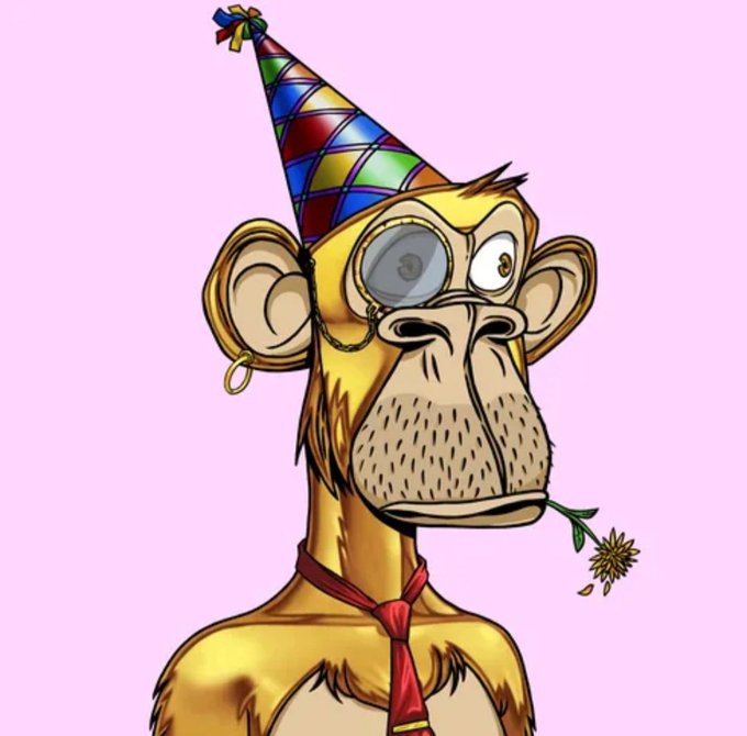 A cartoon-style illustration of a yellow monkey wearing a colorful patchwork party hat, a monocle over one eye, a red necktie, and holding a yellow flower in its mouth, set against a pink background.