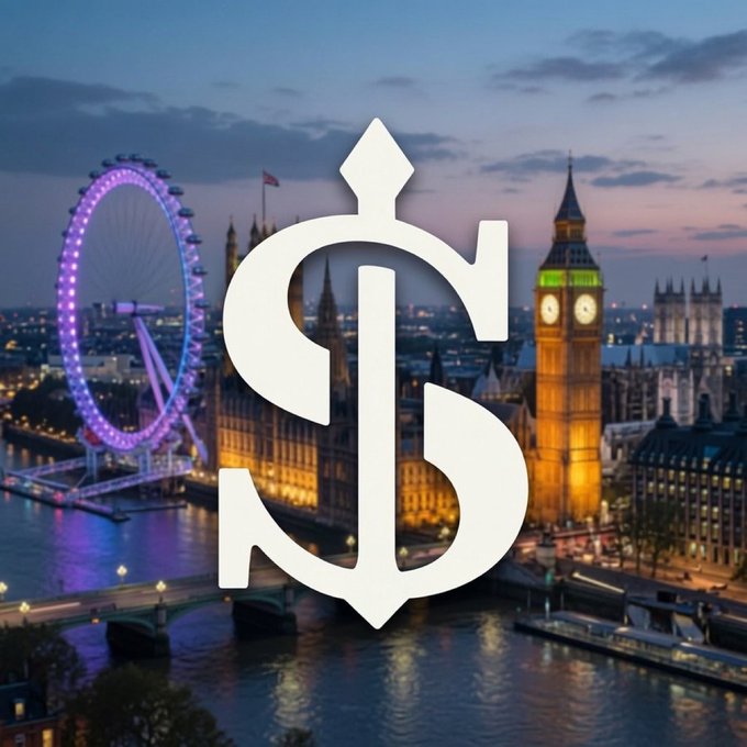 A stylized white logo overlay sits atop a dusk view of London featuring the London Eye, Big Ben, and Westminster.