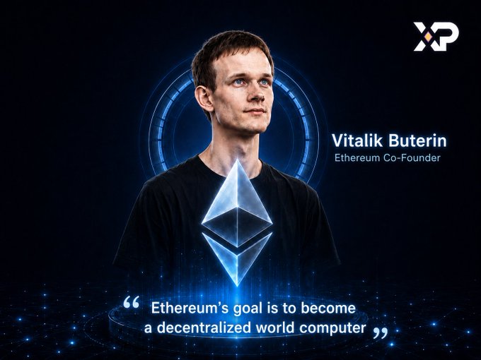 The image features an advertisement for Ethereum, which is a cryptocurrency that uses blockchain technology. The poster includes a man wearing a black shirt with a triangle design on it, standing against a dark blue background. Below him, there's a quote about Ethereum written in white text. The caption reads "Ethereum's goal is to become a decentralized world computer." This quote emphasizes the core concept of Ethereum and its potential impact on the future of computing.