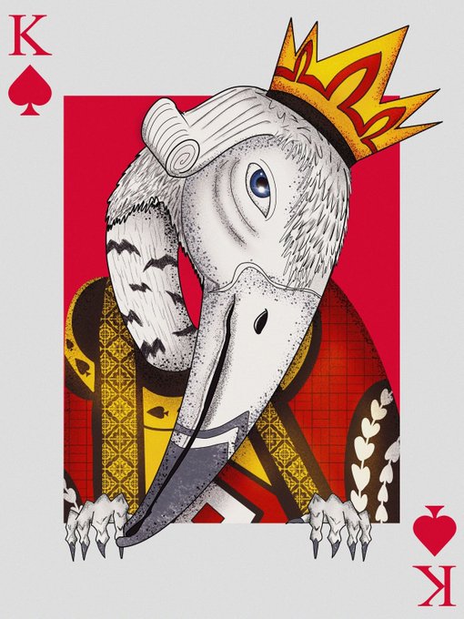 A digital artwork titled "King of Spades" by @the0xdiablo, designed as a playing card featuring a crowned pelican-like bird dressed in regal red and gold attire, with "K" and spade/heart symbols in the corners indicating it's part of a card series sold on bluescreen.