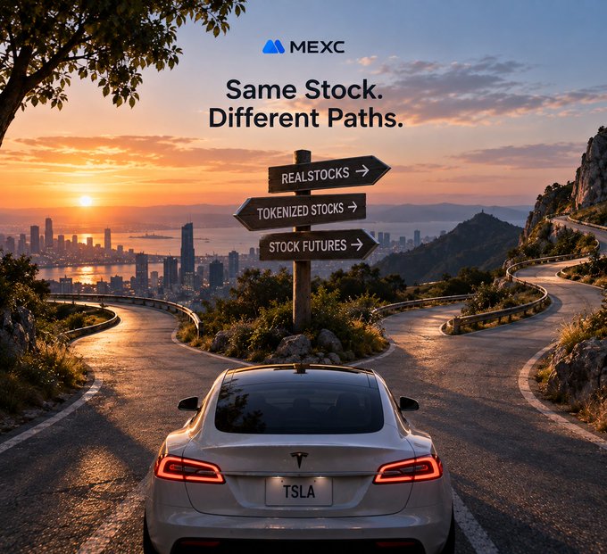 A MEXC cryptocurrency exchange advertisement featuring a Tesla (TSLA) car at a fork in the road, with a signpost offering three trading paths: 'REALSTOCKS', 'TOKENIZED STOCKS', and 'STOCK FUTURES'.