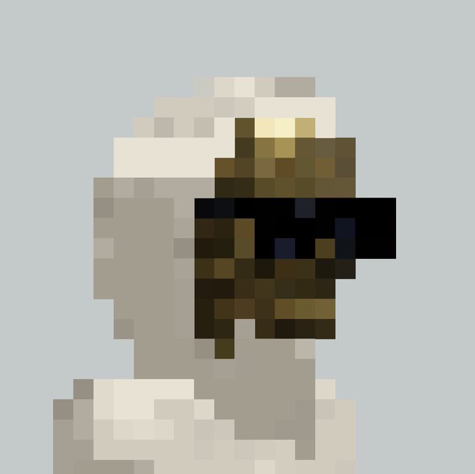 A pixel art image of a white bird-like character with a large dark beak on a light gray background.