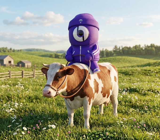A 3D-rendered scene shows a small purple character with a Beats logo for an eye riding a brown and white cow through a sunny, flower-filled meadow.