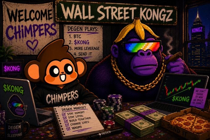 The image features a cartoon depiction of two monkeys sitting at a desk, surrounded by various items such as laptops, money, and poker chips. One monkey has sunglasses on its face while the other one does not. The background shows a sign that says "Welcome ChimpersHQ into Wall Street Kongz for the next 30 days". This suggests that the image is related to a promotional campaign or event involving the company ChimpersHQ and their partnership with Wall Street Kongz, possibly promoting a new gaming platform or offering financial services through the use of cryptocurrency.