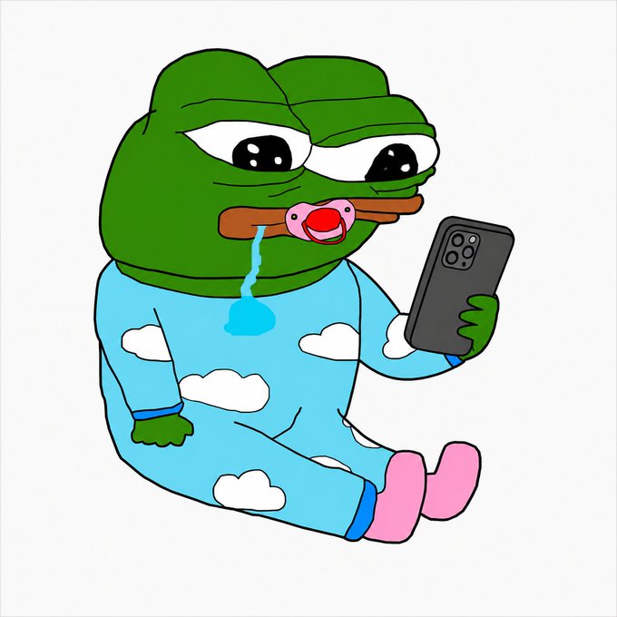 A cartoon illustration of a sad Pepe the Frog character in blue cloud-patterned pajamas with a pacifier, drooling while looking at an iPhone.