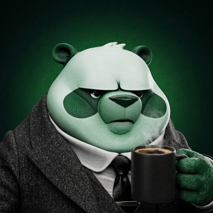 A 3D-rendered panda character wearing a gray herringbone suit jacket, white shirt, and black tie, holding a steaming black coffee mug against a dark green background.