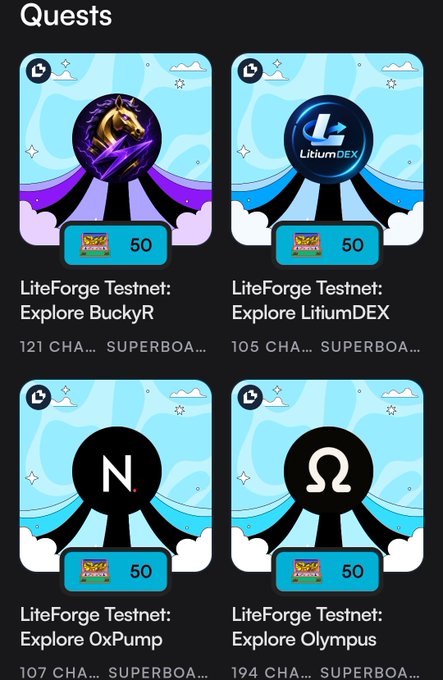 A 'Quests' interface shows four LiteForge Testnet exploration tasks (Explore BuckyR, LitiumDEX, 0xPump, and Olympus) each rewarding 50 points, featuring various crypto logos on colorful backgrounds.
