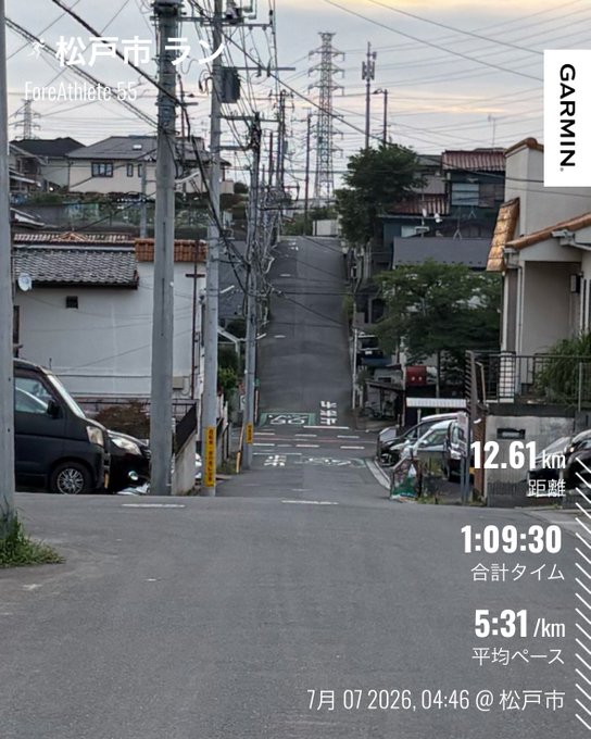 Garmin ForAthlete 55 running screenshot from 松戸市ラン (Matsudo City Run) showing 12.61 km in 1:09:30 at a 5:31/km pace, dated 7月07日 2026, 04:46 in 松戸市.