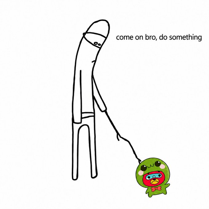 A hooded stick-figure character walks a small green round creature on a leash, with text reading "come on bro, do something." The image humorously illustrates the creator's frustration with passive audiences, mirroring the post's commentary on shifting audience demographics and disengaged viewers after ending the Pawnie Comics series.