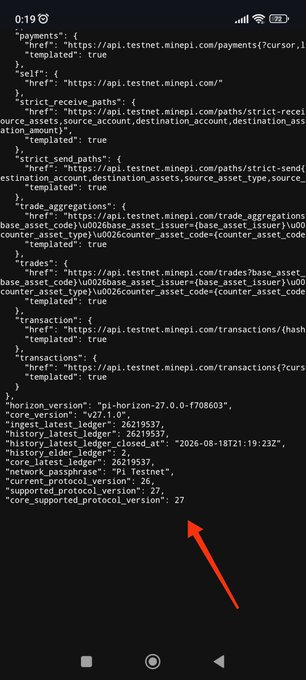 A smartphone screenshot displays JSON data with an arrow pointing to the text 'core_supported_protocol_version: 27'.