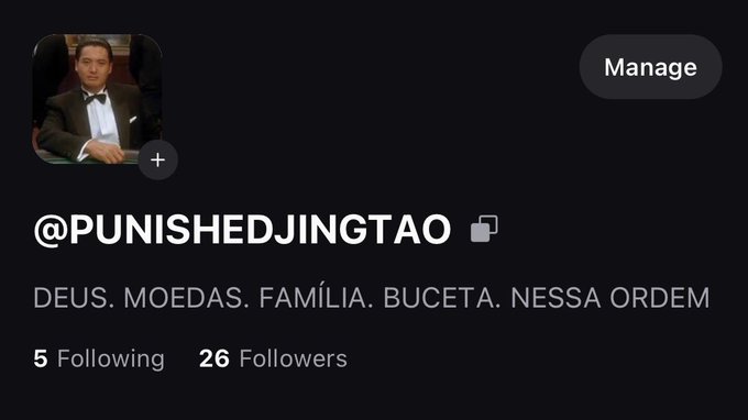 A social media profile page for "@PUNISHEDJINGTAO" with the bio "DEUS. MOEDAS. FAMÍLIA. BUCETA. NESSA ORDEM" and 5 Following/26 Followers, accompanying a post praising the Pump app for its zero-fee trading feature.