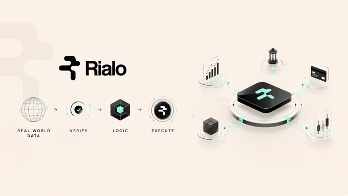 A promotional graphic for Rialo showing a workflow diagram with the steps 'REAL WORLD DATA', 'VERIFY', 'LOGIC', and 'EXECUTE', alongside a 3D illustration of a central device connected to various icons and data displays.