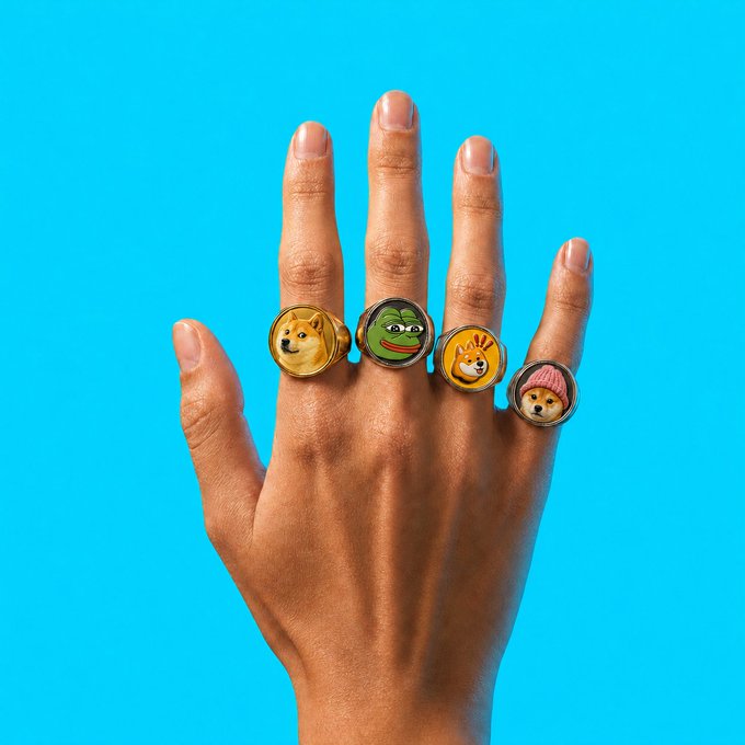 A hand displays four emoji-style rings featuring iconic crypto meme characters—Doge, Pepe, Bonk, and a Shiba in a pink hat—against a bright cyan background, illustrating the playful "meme ring" concept where each finger represents a different cryptocurrency choice.