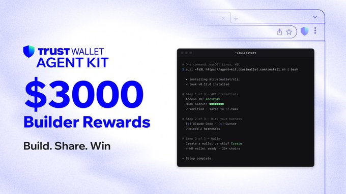 The image features a presentation with a banner featuring text that reads "BNB Hack is live, and Trust Wallet Agent Kit is the wallet layer! To celebrate, we're launching the Trust Wallet Agent Kit Builder Rewards. Build with Trust Wallet Agent Kit on any chains. Share what you create. Win 1,000 USDT every week for 3 weeks." The image has a graphic of a computer monitor displaying the $3,000 reward for the "Hack" portion of the event, along with the "$3,000 Builder Rewards".