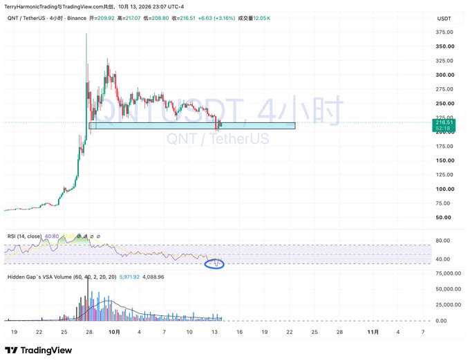 A TradingView candlestick chart for QNT/TetherUS on a 4-hour timeframe, showing price at $217.07 with RSI indicator below and price action near the $216 support level.